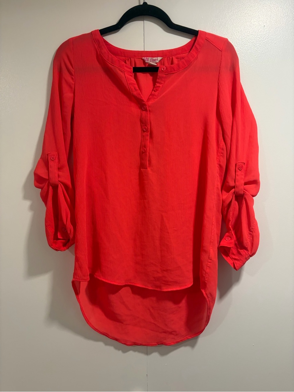 Candie's Coral-Red Roll-Tab Button Front Blouse